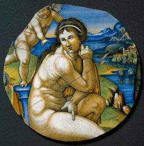 Representation av Venus. Keramisk platta tillverkad i Faenza, Italien. 1530 runt Florens, Bargello National Museum av Italian School