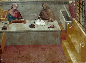 Representation av en kamerlingvist, assistent till en kopist Anonym målning på trä av en Biccherna (omslag till Sienas redovisningsregister) 1388. Siena Archivio di Stato, Italien av Italian School