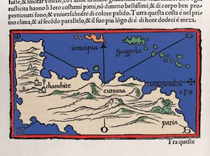 Representation av de karibiska öarna och Venezuelas kuster. Isolario (karta över öar) av Benedetto Bordone. Venedig 1547 av Italian School