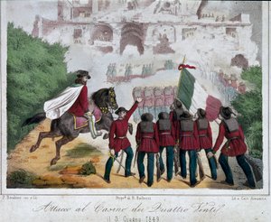 Risorgimento, Romerska republiken (Repubblica romana): soldaterna från Giuseppe Garibaldis armé, till häst, försöker återerövra villaen Quattro Venti i Rom den 03/06/1849. Litografi Roms nationalmuseum för Risorgimento av Italian School