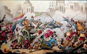 Risorgimento: Striderna i Palermo den 26 maj 1860. Expedition of the Thousand (röda skjortor). Giuseppe Garibaldi (1807-1882) mellan Palermo och folket i uppror anslöt sig till honom för att bekämpa soldaterna i Bourbonriket Neapel. Gravyr från 1800-talet av Italian School