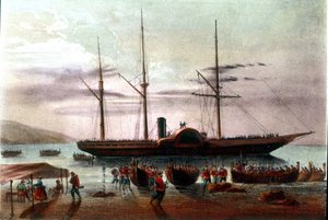 Risorgimento: Giuseppe Missoris avgång den 8/08/1860, officer av Giuseppe Garibaldis armé (1807-1882), i detroit av Messina mot fortet Villa San Giovanni. Illustration av 1800-talet av Italian School