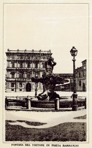 Rom: Tritonfontänen på Piazza Barberini (litho) av Italian School