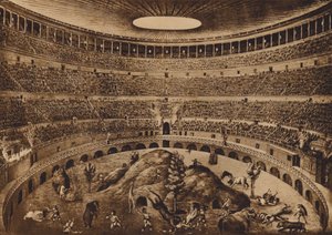 Roma / Rom: Colosseums interiör, Jakten på mässorna, historisk rekonstruktion (litografi) av Italian School