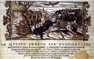 Ruggiero lyckas fly från ön Alcina och räddar senare Angelica från orken - Scen för den ridderliga dikten "Orlando Furioso" av Ludovico Ariosto av Italian School