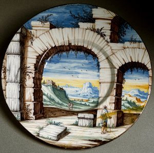 Ruin och landskap. Keramisk platta tillverkad i Angarano, Italien. Omkring 1650 Florens, Museo Nazionale del Bargello av Italian School