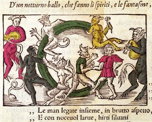 Sabbatsceremoni med häxor. Gravyr av Olaus Magnus (1490 - 1557), svensk religiös och geograf, "History of the Northern Nation", Venedig av Italian School