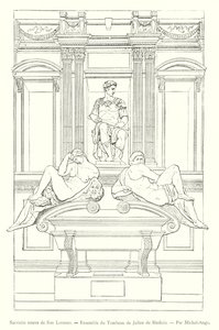 Ny sakristia i San Lorenzo, Ensemble av Giuliano de Medicis grav, av Michelangelo (gravyr) av Italian School