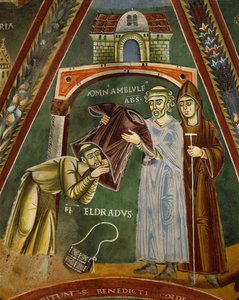 Saint Heldrad återvänder från Santiago de Compostela, i kapellet Sts. Heldrad och Nicholas (fresk) av Italian School
