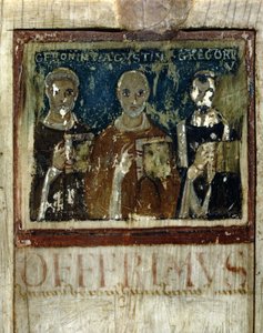 Saint Hieronymus, Saint Augustine (354-430) & Saint Gregoire I the Great (540-604), Detalj från Diptyken av Boece, c.487 (miniatyr på elfenben) av Italian School