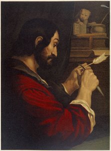 Sankt Markus snidar en penna - i "Klassisk gyllene bibel: historia om gudomlig uppenbarelse i den gamla och nya strävan" "av Giovanni Ladislao Sykora (vol. 2), översatt av Don Clemente Benetti. (Italiensk bibel) av Italian School