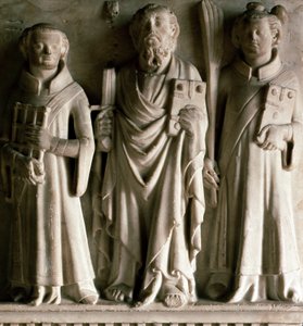 Saint Paul, Saint Laurent och Saint Etienne Bas relief från skolan i Campione. Från Castelseprio i Italien. 1300-talets Milano, museo d