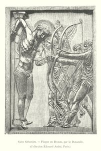 Saint Sebastien, Bronsplakett, av Donatello, Collection Edouard Andre, Paris (gravyr) av Italian School