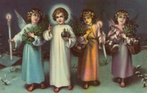 Helgon och änglar (färglitografi) av Italian School