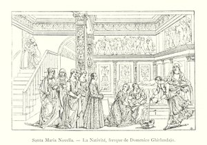 Santa Maria Novella, La Nativite, fresque de Domenico Ghirlandaio (gravyr) av Italian School