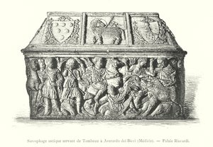 Forntida sarkofag som fungerar som Averardo dei Biccis grav, Medicis, Riccardi-palatset (gravyr) av Italian School