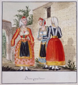Sardinska kvinnor i kostymer från Campidano, tryckt ms.258, Luzzetti Collection av Italian School