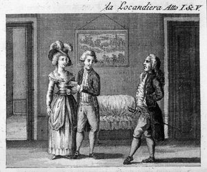 Scen 5 i akt I av stycket "La locandiera"" (1753) av Carlo Goldoni (1707-1793). Gravyr från 1700-talet av Italian School