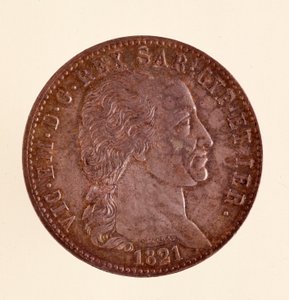 Italienskt silvermynt (ecu) från Sardiniens kungarike: Vittorio Emanuele I:s (Victor Emmanuel I) regeringstid (1759-1824). 1821. Diam. 3,8 cm Neapel, museo archeologico av Italian School