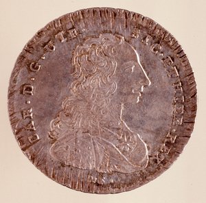 Silver Piastra från Neapel: Karl III av Spaniens regeringstid (1716-1788) och porträtt. 1750. Diameter. 4 cm Neapel, arkeologiskt museum av Italian School