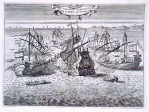 Att sänka ett turkiskt krigsskepp, illustration från "Värden av Toscana i de mest betydande företagen av riddarna av Santo Stefano" av Fulvio Fontana, graverad av H. Vincent, 1701 av Italian School