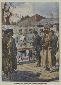 Soldater döms av en bulgarisk militärdomstol vid belägringen av Adrianopel, första Balkankriget (färglitografi) av Italian School