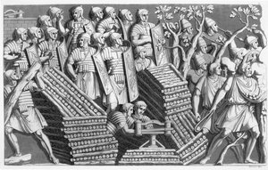 Soldater, möjligen att bygga en pontonbro eller belägringsmotor, möjligen från Trajans kolumn, från Customs of the Romans, c.1800-10 (etsning & akvatint) av Italian School