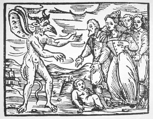 Trollkarlar som presenterar ett barn för djävulen, från Compendium Maleticarum av Fr M Guaccius (1608) illustrerad i en magisk historia publicerad i slutet av 1800-talet av Italian School