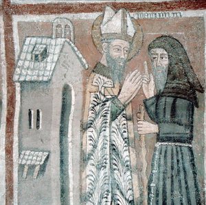 St. Gregorius den store (540-604) med en munk (fresk) av Italian School