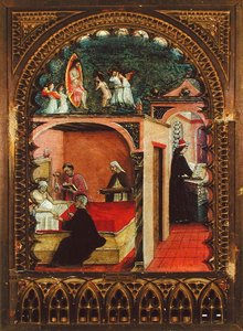St. Hieronymus i sin cell och drömmen om St. Hieronymus, ca 1450 (olja på panel) av Italian School