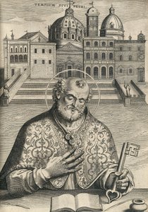 St Peter framför St Peters Basilica från Septem Urbis Primariae Church, pub. 1599 av Italian School