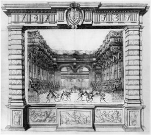 Scenografi av Giacomo Torelli (1608-78) för la Finta Pazza framförd 1645 på Theatre Petit Bourbon i Paris, 1654 av Italian School