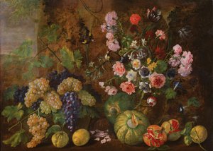 Stilleben av frukter och blommor