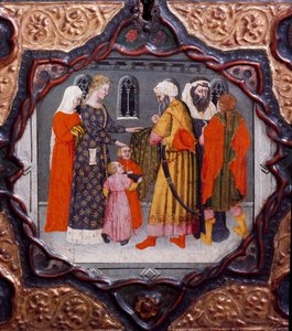 Tionde dagen, nionde nyheter: Messer Torellos och Saladins dag (1138-1193) (Salah al Din Yusuf al-Ayyubi (al Ayyubi). Målad låda som illustrerar "Decameron" "av Giovanni Boccaccio (Jean Boccaccio) (1313-1375) ) ). 1400-talet Florens, Museo Nazionale del Ba av Italian School