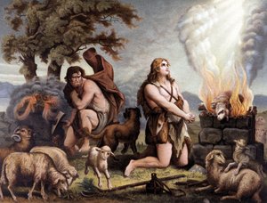 The Adoration of the Lamb (Kain och Abel) - Cain et Abel (offrar ett får) i "Golden Classic Bible: History of Divine Revelation in the Ancient and New Tension" "av Giovanni Ladislao Sykora (vol. 1), översatt av Don Clemente Benetti. (Italien av Italian School