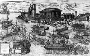 Henri III av Frankrikes ankomst till Lido i Venedig den 8 juli 1574, 1591 (etsning) av Italian School