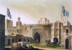 Beb Kar, porten till Tunis, med européer i hästdragna spelningar, ca 1820-30-talet av Italian School