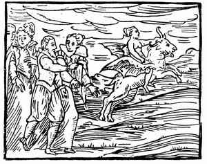 Djävulen, i form av en flygande get, bär en häxa till sabbaten, illustration från Compendium Maleficarum av Francesco Maria Guazzo, 1608 av Italian School