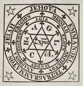 Agrippas stora magiska cirkel för frammaning av demoner, kopia av en illustration från Les Oevres Magiques de Henri Corneille Agrippa, Rom 1744, använd i en magihistoria, publicerad sent 1800-talet av Italian School