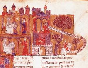 Den grekiske filosofen Aristoteles (383-322 f.Kr.) lär sina elever moral och kvinnoförakt (mysoginia) Miniatyr från ett italienskt manuskript från 1300-talet. Bibliotheque Inguimbertine Municipal de Carpentras. av Italian School