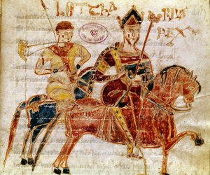Frankernas kung och sedan Lotharia I (9:e århundradet) Miniatyr från "Codex Legum Longobardorum" (eller Langobardorum) som beskriver lagarna i det langobardiska riket etablerat av kung Rothari av Italian School