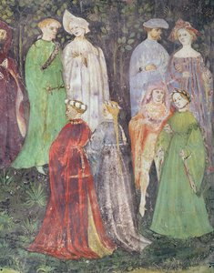 Juni månad, detalj av adelsmän och kvinnor som går, ca 1400 (fresk) av Italian School