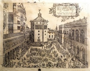 Oxens fest på det stora torget i Cremone (Cremona) i Italien. Gravyr av 1500-talet Cremona, Museo Civico Italien av Italian School