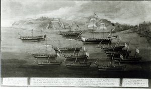 Den venetianska flottan ledd av kapten Ivanovich da Dabrota mot turkiska pirater vid Durazzo, 1756 av Italian School
