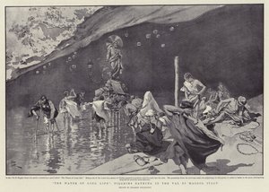 "Det långa livets vatten", pilgrimer badar i Val di Maggio, Italien (litografi) av Italian School
