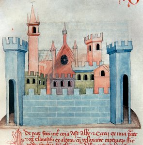 Staden Cherasco (Querasque) i provinsen Coni i Piemonte i Italien. Kyrka och mur och befästningstorn i den medeltida staden. Sida av Codex Astensis eller Malabayla. 1200-tals miniatyr. Asti, Archivio Storico Comunale av Italian School