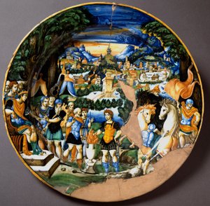 Hjältarna Caius Mucius Scaevola vänder mot Porsenna, etruskisk kung. Keramisk platta tillverkad i Urbino i verkstaden Fontana, Italien. 1560 runt Florens, Museo Nazionale del Bargello av Italian School