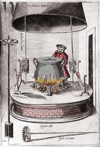 Köket under en klocka. Gravyr från "Opera", bok om gastronomi uppdelad i 6 delar, av Bartolomeo Scappi, personlig kock av påven Pius V. Venedig av Italian School