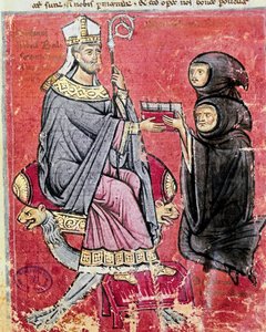 Munken Benedetto da Bari (som representerar unga och gamla för att indikera att skrivandet av hans arbete har sysselsatt hela hans liv) överlämnade till abbeden Balsamo (1200-talet), ledare för benediktinerklostret Cava de Tirreni, sin kodex De Septem Sigi av Italian School