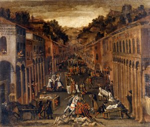 Pesten 1630 i Bologna. paint.Property av en bank i Bologna av Italian School
